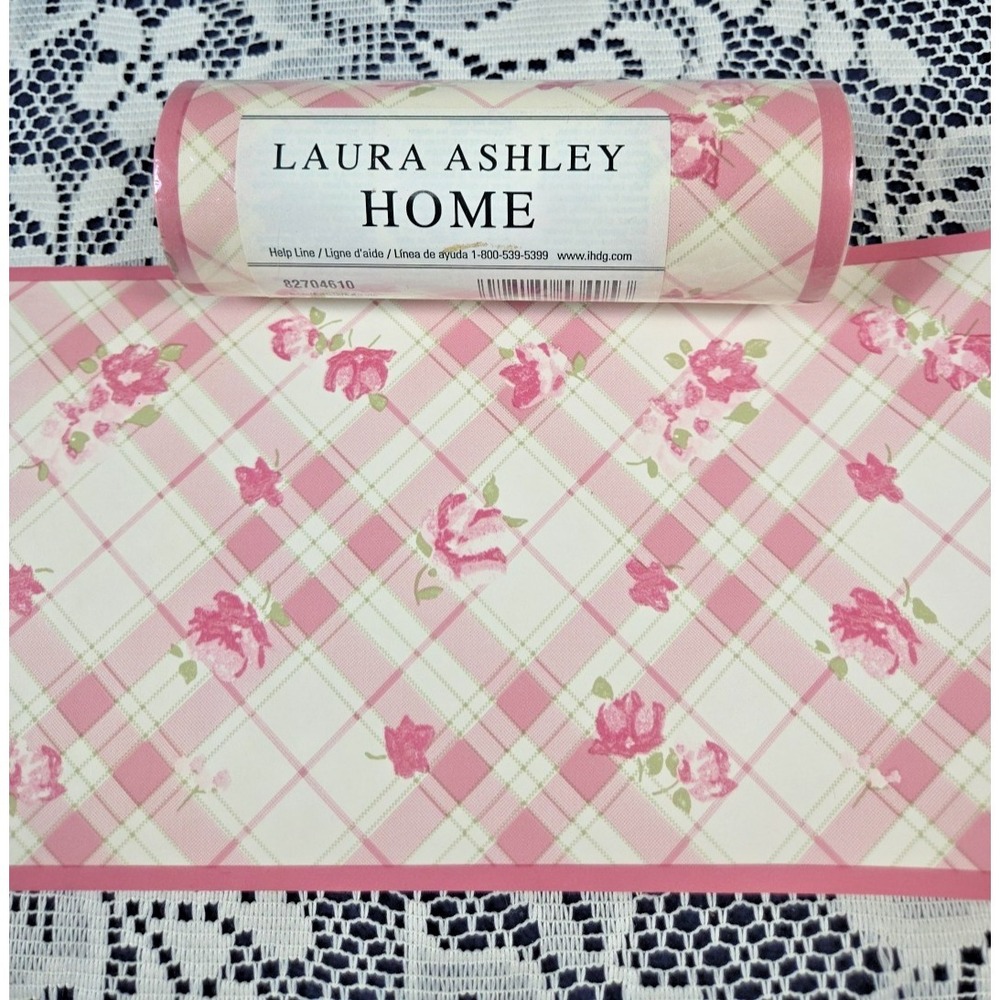 Laura Ashley Home Wallpaper Border Pink Floral Plaid 5 yds X 2‎ Pre-pasted NOS
